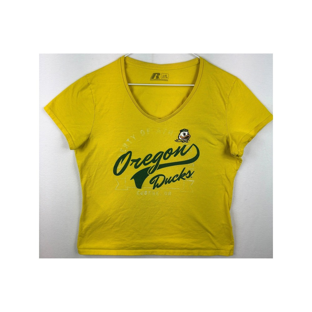Russell Athletic Oregon Ducks Shirt Womens L Yellow V Neck NCAA Tee Eugene OR